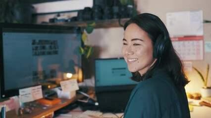 Poster - Business woman, call center and computer screen for customer support, e commerce or telecom in office. Face of a professional advisor, agent or Asian consultant for website solution, help and advice
