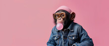 Anthropomorphic Monkey In Denim Clothes Makes Bubble Gum Bubbles, Graphic Illustration, Copy Space
