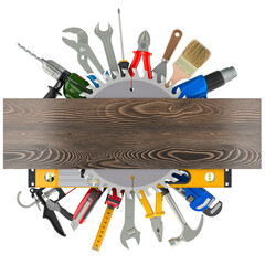 Poster - Assortment of Construction Tools with wooden plank, 3D rendering isolated on transparent background