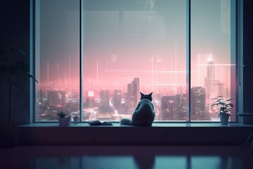 Wall Mural - illustration, a cute cat sitting in front of the window