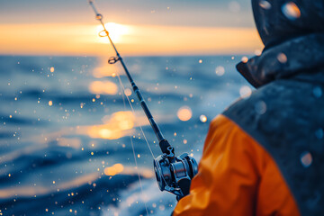 Fisherman with spinning on the sea in macro photography