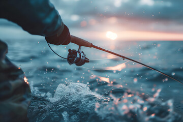 Fisherman with spinning on the sea in macro photography