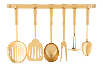 Poster - Golden kitchen utensils on a kitchen hook strip, 3D rendering isolated on transparent background