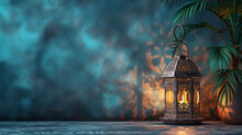 Deep Navy Blue Background With A Plant Is Gracefully Illuminated By An Elegant Arabesque Lantern