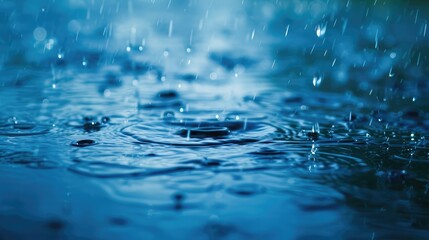 Poster - blue color tone of close up rain water drop falling to the floor in rainy season