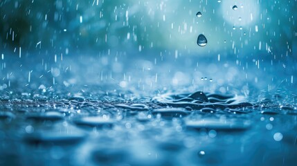 Poster - blue color tone of close up rain water drop falling to the floor in rainy season