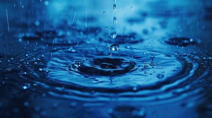 Poster - blue color tone of close up rain water drop falling to the floor in rainy season