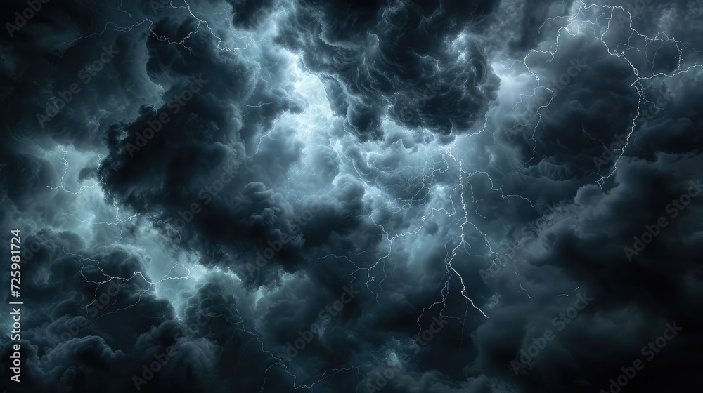 Thunderous dark sky with black clouds and flashing lightning. Panoramic ...