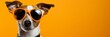 Jack russell dog in sunglasses with space for vacation concept text on orange background banner