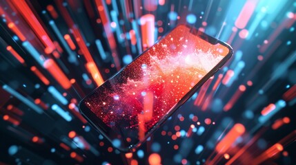 Poster - Vibrant hues of red and blue illuminate a phone's screen, capturing the effervescent essence of a soft drink in a single screenshot