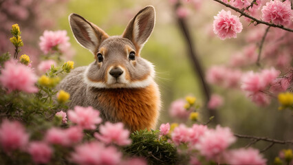 Wall Mural - Rabbit in the garden, rabbit in a spring forest