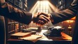 The image depicts a professional setting where two individuals are shaking hands over a wooden desk illuminated by the glow of sunlight 