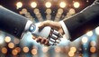 The image depicts a human hand and a robotic hand engaging in a handshake, symbolizing the collaboration between humanity and technology against a background of glowing bokeh lights.

