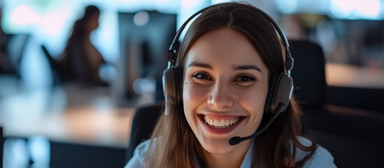 Poster - Smiling dispatcher enjoying work in office, captured in photo.