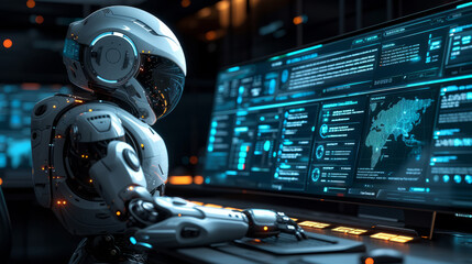 An AI robot sitting on a futuristic desk looking at his computer screen ,generative ai