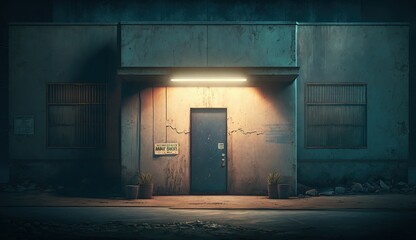 Corner of a grungy commercial building with closed rusty doors and glowing lights. Empty backstreet, concrete walls of an urban industrial building or warehouse during night time