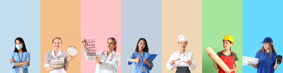 Wall Mural - set of different young women on color background