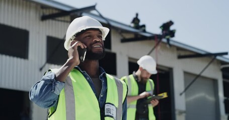 Aufkleber - Phone call, black man or engineer walking on construction site talking in communication or discussion. Builder, mobile conversation or African contractor speaking of planning architecture or building