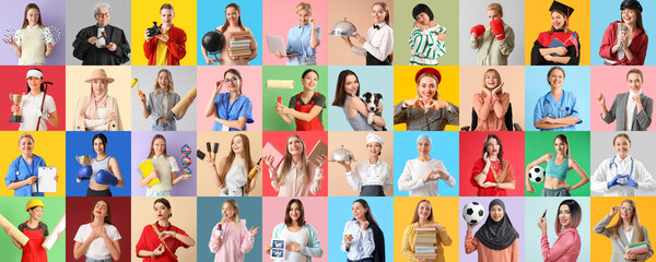 Big collage of different women on color background