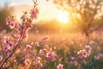  Vibrant landscape filled with blooming flowers, budding trees, and a clear, sunny sky. Concept essence of spring with a focus on the rejuvenation of nature.