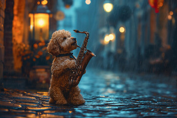 Wall Mural - a cute poodle plays the saxophone on the street in the rain, anthropomorphic, cute animals concept