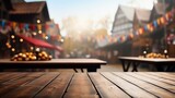 Fototapeta Londyn - Blurry Photo of Two Wooden Tables in Front of a Street