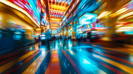 Long exposure shot of a casino with motion blurred people and lights