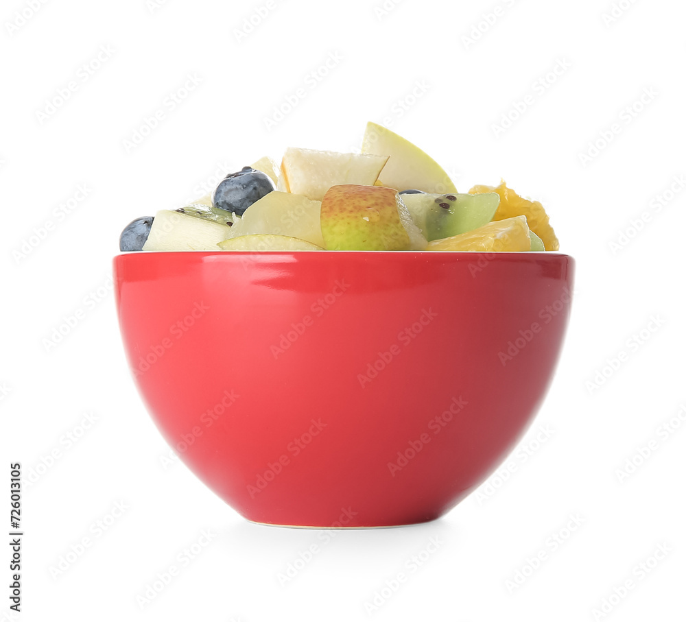 Bowl with fresh fruit salad on white background