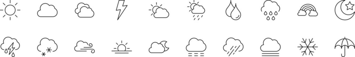 collection of thin line icons of weather sign. linear sign and editable stroke. suitable for web sit