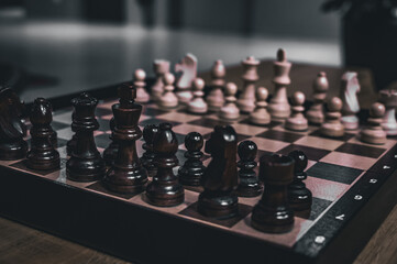 Chess pieces on the chessboard play intelligent game