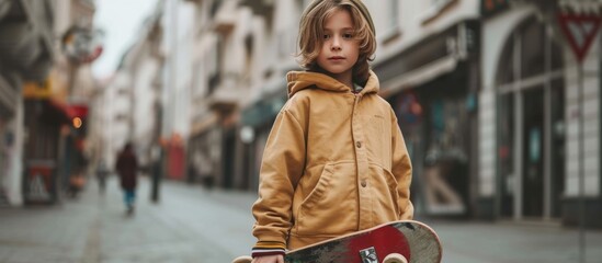 Poster - Cute kid in stylish clothes poses with skateboard on street, gazing at camera