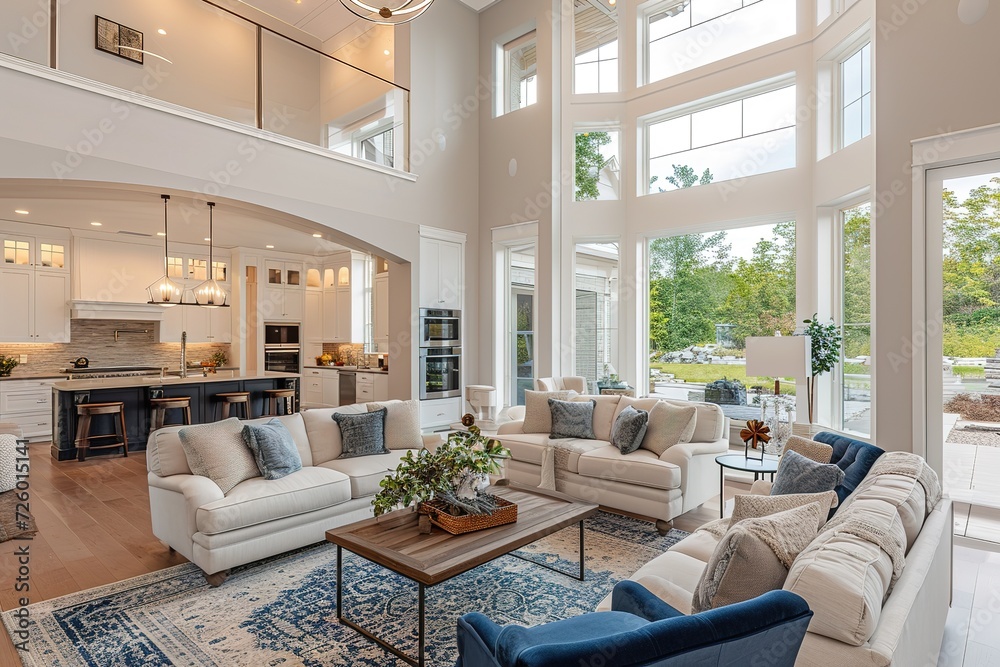 View of Beautiful living room and kitchen in new traditional style luxury home ...