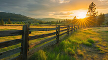 Picturesque Landscape Of A Fenced Ranch At Sunrise -