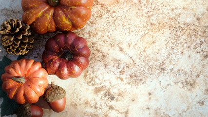 Wall Mural - Fall season flat lay with pumpkins and pine cones on hygge mood background.
