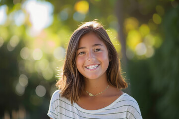 Wall Mural - A young girl with braces on her teeth smiles for the camera