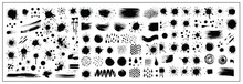 A Collection Of Spots And Stains. Black Ink Stains And Dirt Spots Scattered With Isolated Drops And Spots. Urban Street Style Ink Blots, Dots Or Lines. Isolated Vector Illustration	