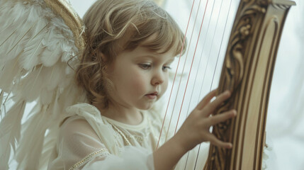 Wall Mural - A child angel clutching a harp their fingers gently strumming the strings as they sing a heavenly melody.