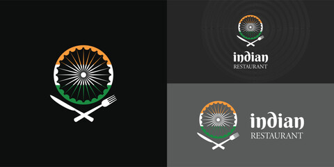 Abstract wheel logo with an ornament of the India Flag presented with multiple black background colors. The logo is suitable for Indian restaurant business logo design inspiration template