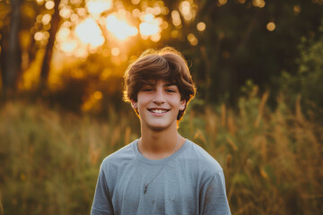 Wall Mural - A young boy wearing a grey shirt and a necklace smiles for the camera