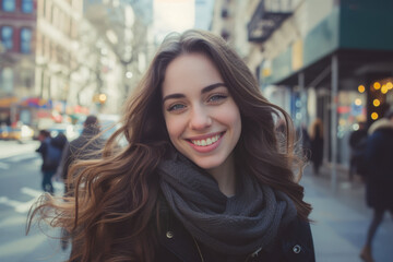 Wall Mural - A woman wearing a scarf and a jacket smiles for the camera