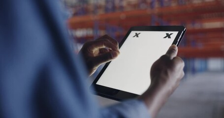 Poster - Tablet, mockup and hands of man in warehouse for project management, engineering or communication. Storage, social media app or space with closeup of contractor for screen, networking and message