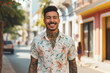 A man with a tattoo on his neck is wearing a floral shirt