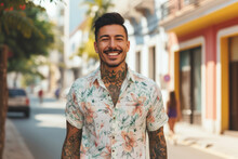 A Man With A Tattoo On His Neck Is Wearing A Floral Shirt