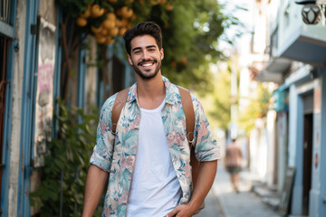 Wall Mural - A man wearing a floral shirt and a backpack smiles for the camera