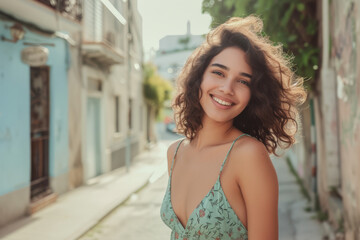 Wall Mural - A woman in a green dress smiles for the camera