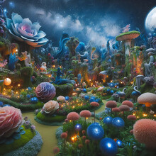 Gardens Filled With Otherworldly Plants, Flowers, And Creatures Under A Celestial Night Sky.