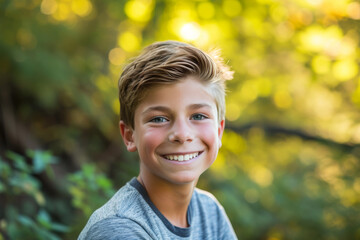 Wall Mural - A young boy in a grey shirt smiles for the camera