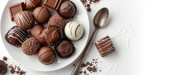 Wall Mural - White background with chocolate candy displayed on a plate, accompanied by utensils.