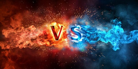 Wall Mural - Versus banner with fire sparkling and lightning strikes, isolated on red and blue background,