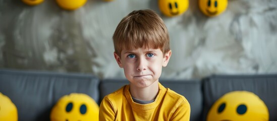 Canvas Print - Uncertain boy displaying emoji on a high-quality picture